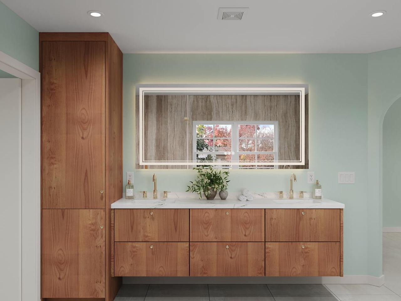 Custom floating vanity with backlit mirror and integrated storage in a modern remodel